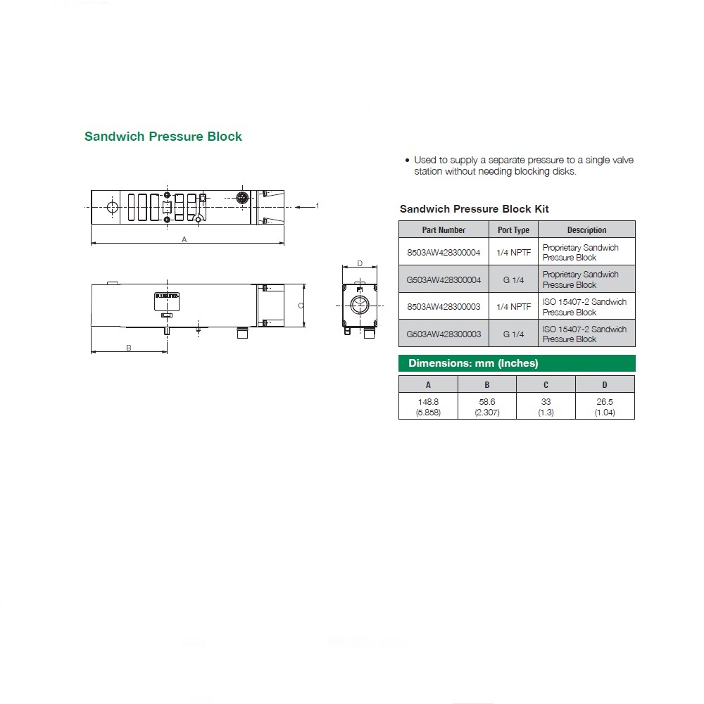 G503AW428300003 NUMATICS/AVENTICS SANDWICH PRESSURE BLOCK 503 SERIES 1/4" G (ISO 15407/2)